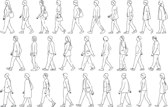 Black and white human motion illustration collection showing casual walking poses from multiple views in minimalist anatomy reference grid composition