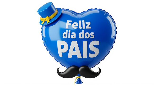 Father's day balloon with hat and mustache 'feliz dia dos pais' greeting isolated on transparent background