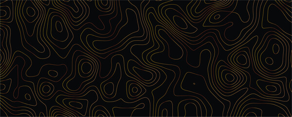 Topographic map contour lines in gold on a solid black background representing elevation patterns and geographic terrain mapping data © VxGFX