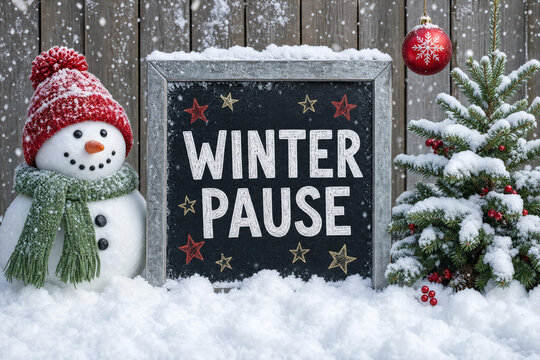 Winter scene with snowman, chalkboard reading Winter Pause, snow-covered evergreen