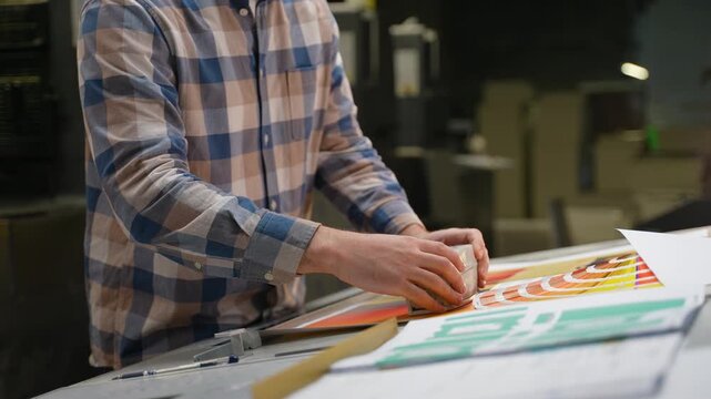 Printing technician measuring color on a press proof sheet