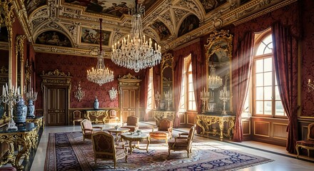 Obraz premium Opulent historical hall with ornate chandeliers, gilded furniture, red walls