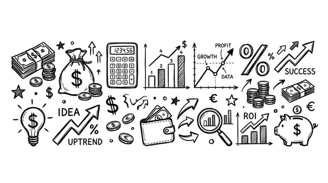 Hand drawn business and finance doodles collection.