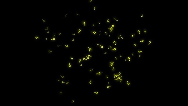 Neon yollow question mark animation featuring glowing floating symbols, abstract cyberspace effects and seamless black background motion graphics in cinematic 4K quality