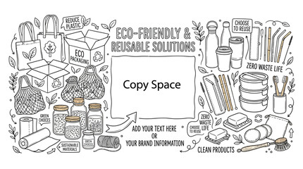 Naklejka premium Hand Drawn Eco Friendly Reusable Solutions Concept with Copy Space.