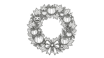 Hand drawn Halloween pumpkin wreath line art illustration. © Bilqis Zhafira