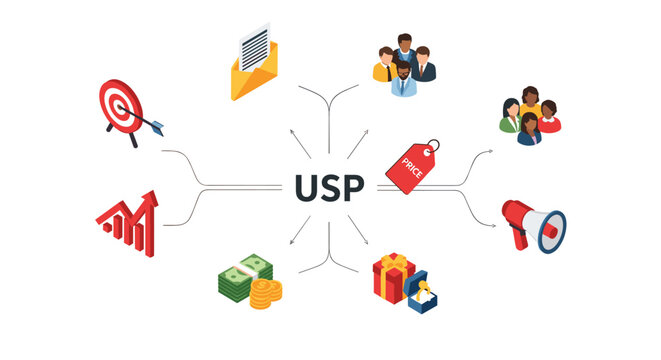 Unique selling proposition concept with various business icons and arrows pointing to the core value of a product or service.