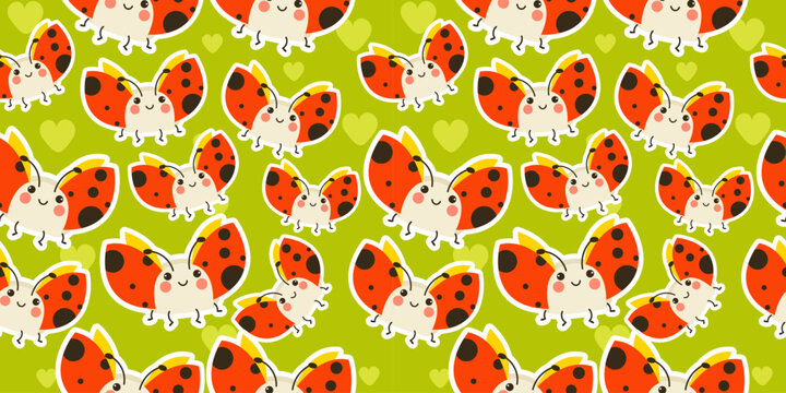 Flying ladybug sticker seamless pattern on green background