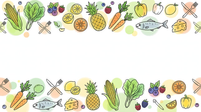 Seamless pattern with healthy food and cutlery isolated on white background