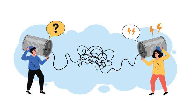 Two people trying to communicate through a tin can phone with a tangled string representing poor communication and conflict.