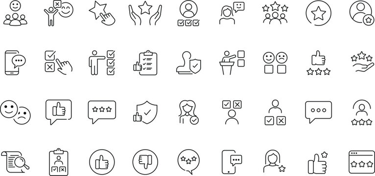 Customer feedback icons set. Including reviews, ratings, surveys, chat support and satisfaction symbols. Editable stroke.