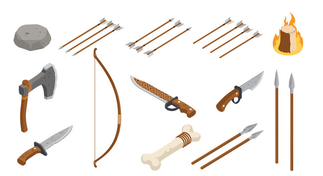 Collection of primitive weapons and survival tools from prehistoric times including a bow, arrows, axes, and bone tools.
