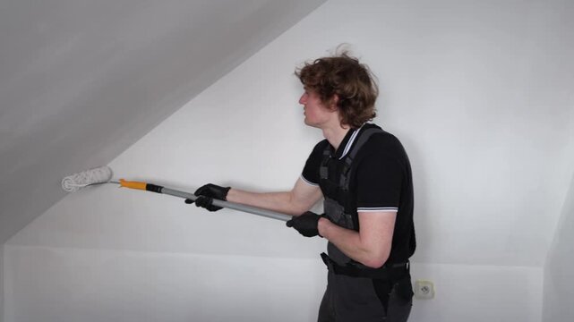 Young student repainting attic apartment walls with roller while renovating affordable living space and preparing simple room for comfortable study life