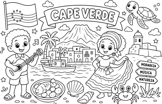 cape verde cartoon outline hand drawn Line Art illustration doodle art coloring page for kids