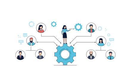 Fototapeta premium Business management concept with a woman coordinating a diverse team while standing on a large blue industrial gear.