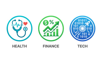 Fototapeta premium Set of three circular icons representing health with a stethoscope, finance with a growth chart, and technology with binary code and a chip