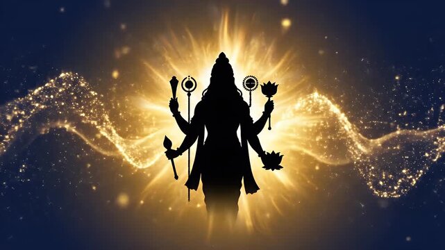 Pavitra Ekadashi Lord Vishnu Silhouette with Radiant Aura on Deep Blue to Gold Gradient Background, Divine Energy Waves and Calm Spiritual Atmosphere