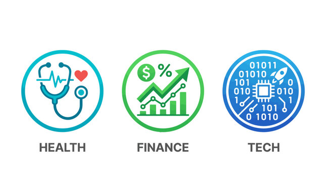 Set of three circular icons representing health with a stethoscope, finance with a growth chart, and technology with binary code and a chip
