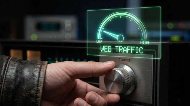 Hand Adjusting Dial to Increase Web Traffic with Digital Gauge Overlay.