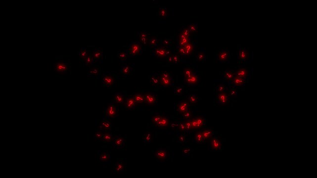 Red glowing question mark animation with abstract floating symbols, seamless digital confusion graphics and futuristic black background motion effects in ultra HD
