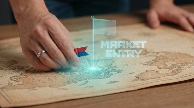 Hand placing marker on world map with holographic market entry projection.