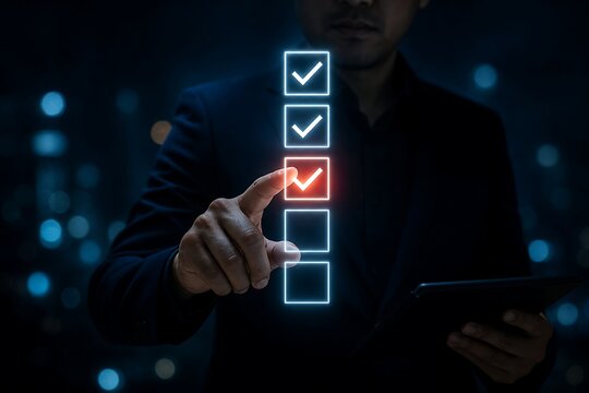 Man's finger taps a glowing checkmark on a vertical to-do list, signifying task completion and successful goal achievement.