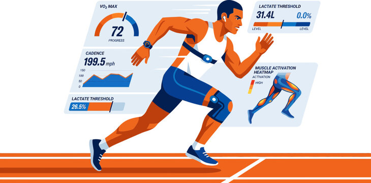 Athlete runs on track with wearable sensor collecting data on performance
