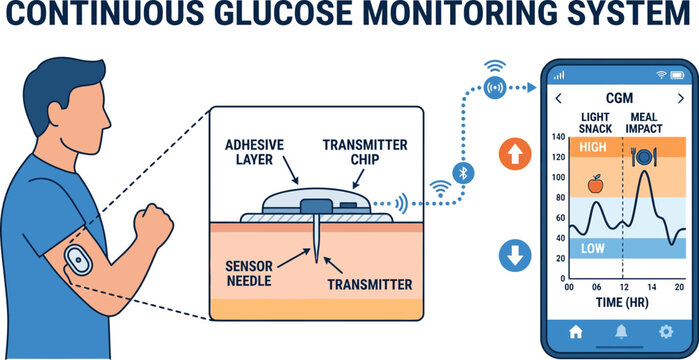 A man uses a wearable sensor on his arm to monitor glucose data on a smartphone app.