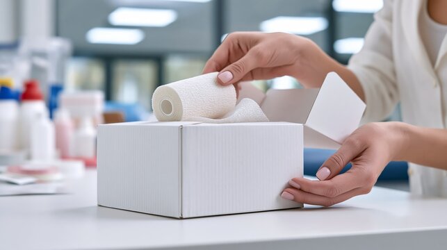 A nurse pulling a bandage from an open plain white blank first aid box with the blank front facing the camera.