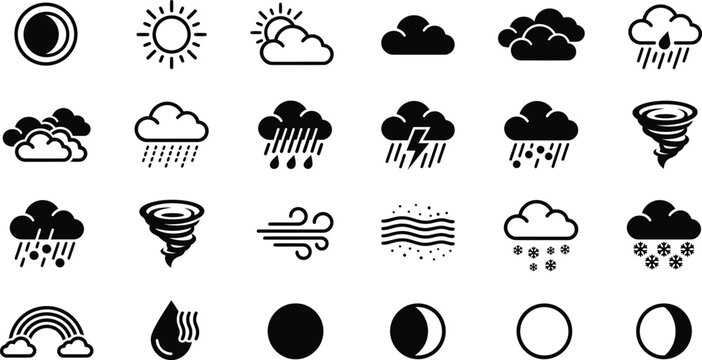 Weather icons set with clouds rain rainbow and storm