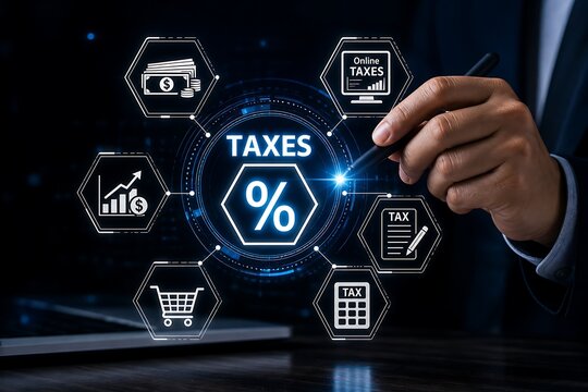 Person points to a digital diagram with the word taxes at the center, surrounded by icons related to finance and commerce.