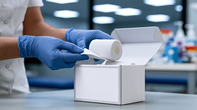 A nurse pulling a bandage from an open plain white blank first aid box with the blank front facing the camera.