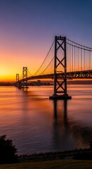 Fototapeta premium Orange sunset hues paint a massive suspension bridge over calm water