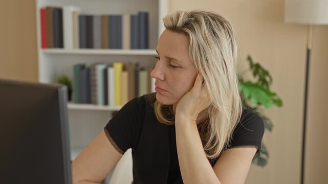 Woman blonde at computer resting cheek on hand with unfocused gaze, seated by bookshelf and plant in office; work fatigue.