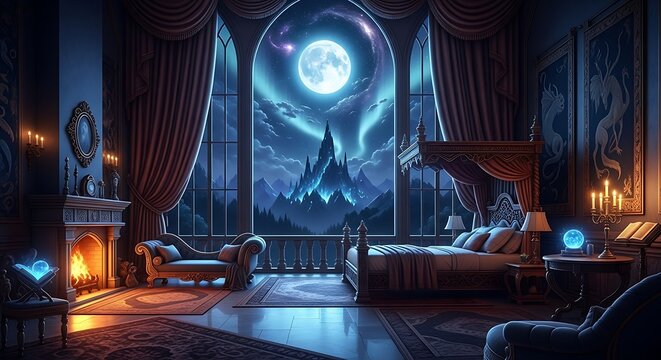 Opulent fantasy bedroom with magical castle view under a luminous full moon