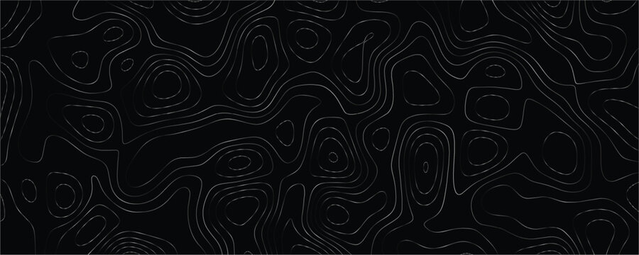 Topographic map contour lines in white on a solid black background representing elevation data and terrain patterns for navigation and cartography