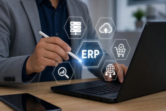 Businessman uses a stylus to interact with an erp system interface, showcasing its integrated business management functionalities on a digital screen.