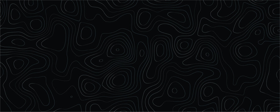 Black background with thin grey topographic contour lines forming an abstract pattern of irregular concentric shapes and flowing curves representing geographical elevation mapping