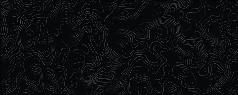 Topographic map contour lines pattern with thin grey strokes on a solid black background representing geographical elevation data and terrain mapping 2