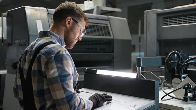 Printing house worker operating industrial offset machine