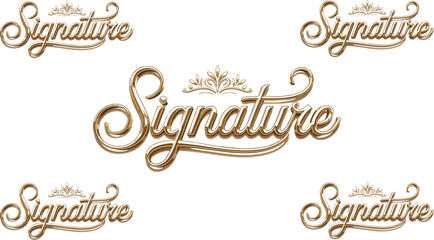 Elegant cursive Signature typography in metallic gold with flowing script curves ornamental banner and decorative leaf accents premium logo concept. © Mousumi
