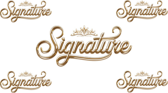 Elegant cursive Signature typography in metallic gold with flowing script curves ornamental banner and decorative leaf accents premium logo concept.
