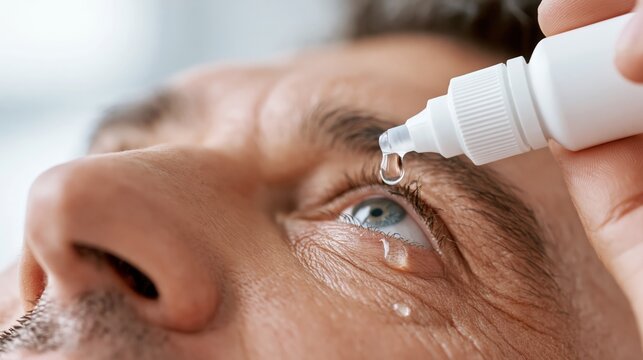 A person squeezing a plain white blank eye drops bottle over an open eye with the blank front label area facing the camera.