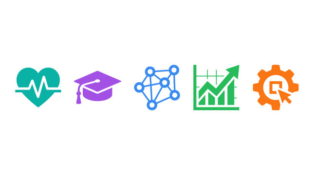 Set of five colorful flat vector icons representing health education network growth and technical settings isolated on a white background