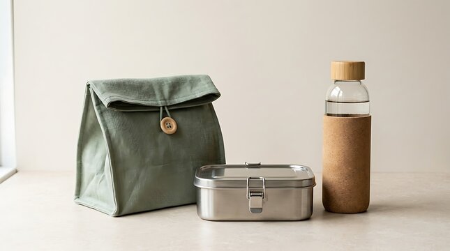 Eco-Conscious Daily Essentials Reusable Lunch Container, Fabric Bag, and Glass Bottle for Sustainable Living and Waste Reduction
