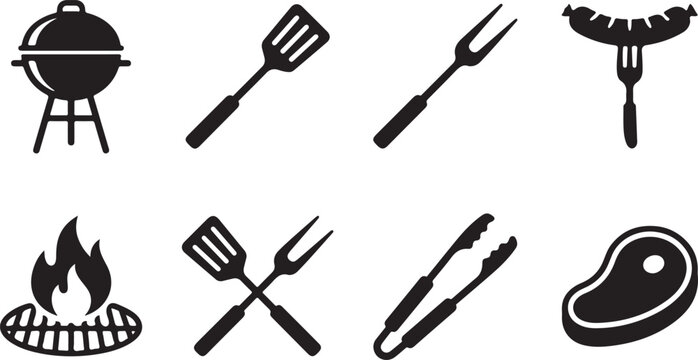 BBQ Grill Icon Set Barbecue Cooking Outdoor Kitchen Food Silhouette Vector Illustration Collection