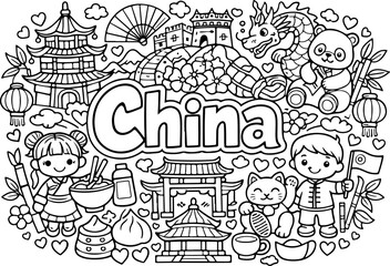 Obraz premium China hand drawn vector illustration doodle art line art coloring page for kids