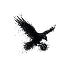 Fototapeta premium Abstract ink splatter of a flying raven holding a small planet in its talons, white background