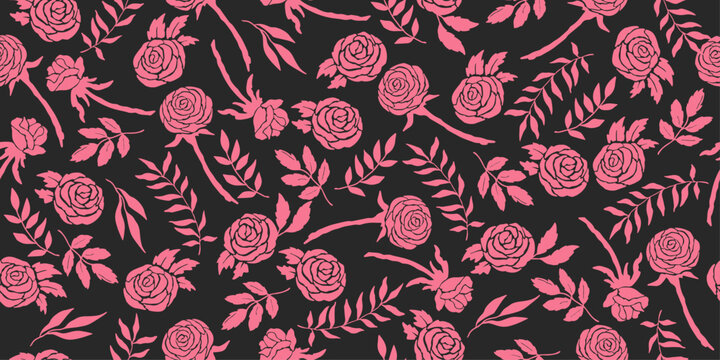 Hand-painted black and pink rose pattern, seamless rose design, suitable for fabrics, textiles, clothing, banners, and backgrounds. Vector graphic.