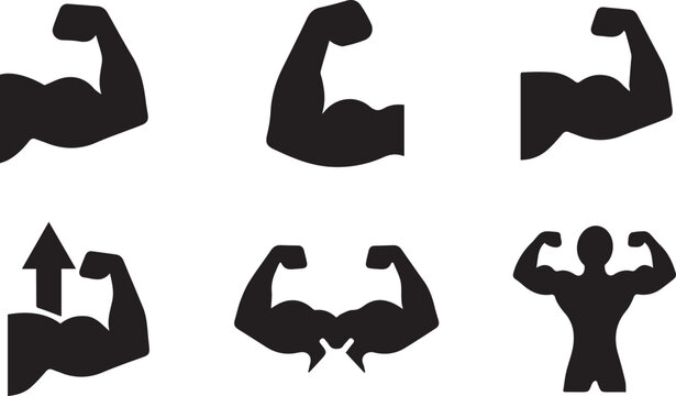 Muscle Arm Icon Set Bodybuilding Fitness Strength Gym Power Silhouette Vector Illustration Collection